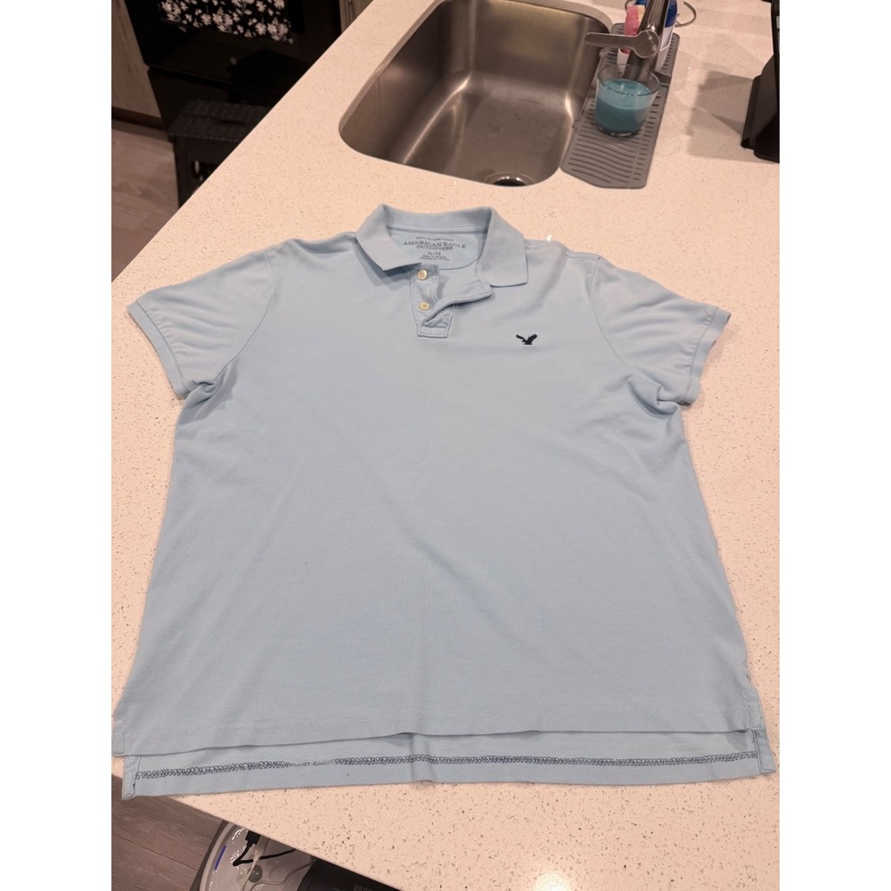 American Eagle Mens Athletic Fit Polo Shirt Light Blue Short Sleeve XL Logo